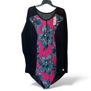 NEW Plus 26 Cacique Black One Piece Swimsuit Rash Guard Mesh Sleeves Bathingsuit